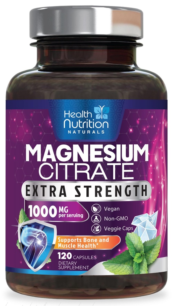 Magnesium Citrate Capsules 1000mg - Max Absorptie Magnesium Poeder voor Spier, Zenuw, Bot en Hart Gezondheid Ondersteuning, Hoge Absorptie Citrate Complex, Glutenvrij, Non-GMO - 120 Capsules