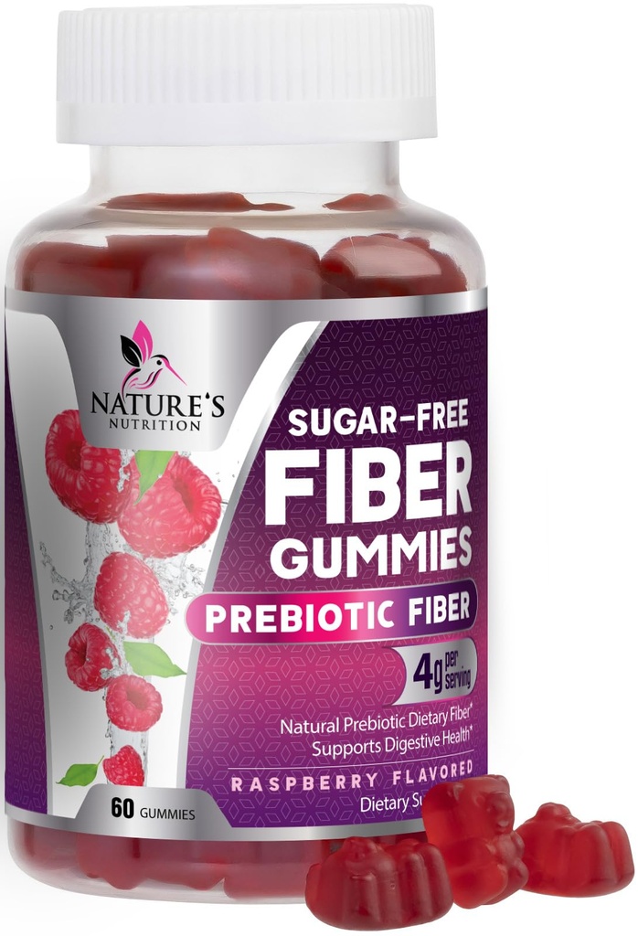 Prebiotic Fiber Gummies 4g - Sugar Free Gummy Fiber Supplement voor Adult's Digestief Gezondheid & Regularity Ondersteuning - Natuurlijke Raspberry Smaak, Plant Based Blend, Non-GMO & Gluten Free - 60 Gummies