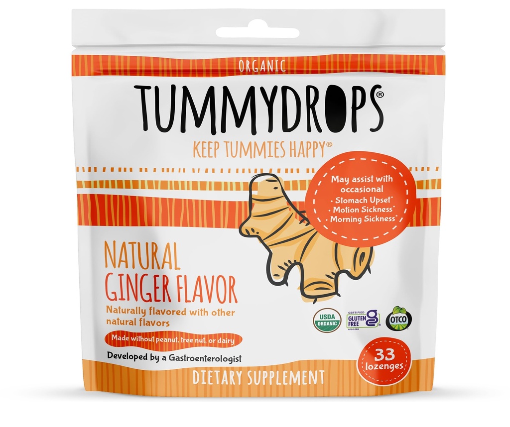 USDA Biologische natuurlijke gember Tummydrops, Glutenvrij & Veganistisch, 33 individueel verpakte druppels in een hersluitbare tas