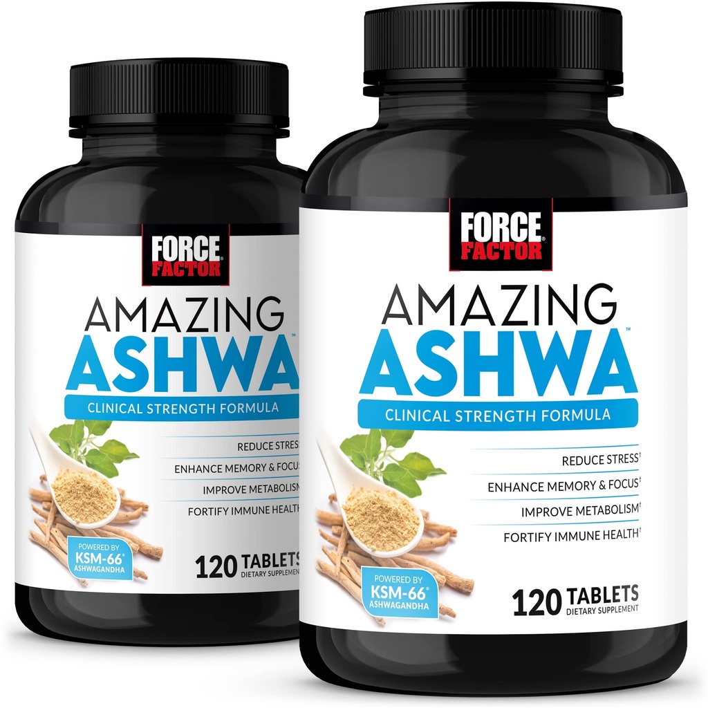 Force Factor Ashwa, KSM-66 Ashwagandha Supplement voor Stress Relief, Focus, Geheugen, Immuun Ondersteuning, Met Vitaminen, Mineralen & Antioxidanten, Cortisol Supplementen voor Vrouwen, 240 Tablets (2-pack)
