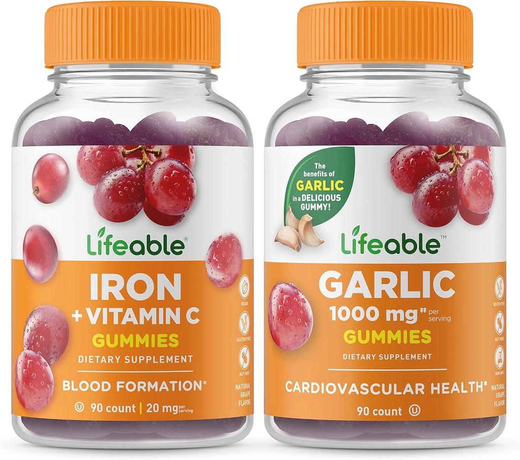 Levensvatbaar ijzer met vitamine C + Knoflook 1000mg, Gummies Bundle - Grote Proeverij, Vitamine Supplement, Glutenvrij, GGO-vrij, Kauwgom