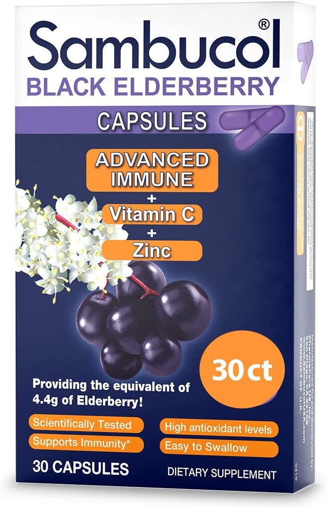 Sambucol Zwarte Vlierbessen Capsules - Advanced Immune, Vitamine C en Zink, Vlierbessen Capsules, Immune Ondersteuning Supplement, Zwarte Vlierbessen Supplementen, Glutenvrij, Makkelijk om Capsules door te slikken - 30 Tel.