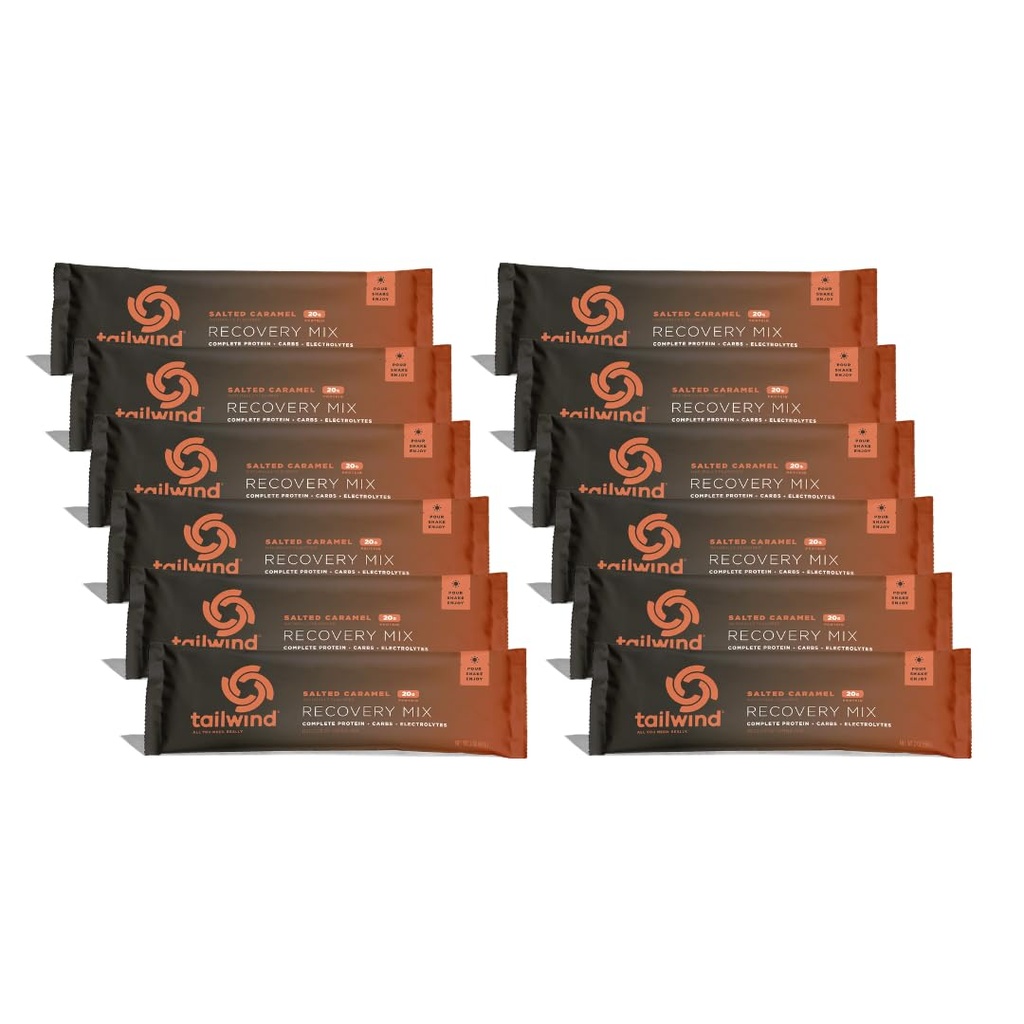 Tailwind Nutrition Recovery Mix, 20 Grams Protéines complètes, glucides et électrolytes Mélange de poudre pour après l'entraînement, sans gluten, soja et laiterie, végétalien, 12 portions, caramel salé