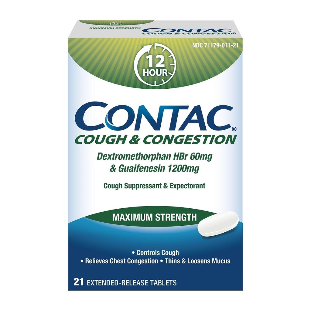 Contac Hoest & Congestie Maximale sterkte Controles Hoesten, Dunnen en Loosens Mucus, Guaifenesin & Dextromethorfan HBr, tabletten met verlengde afgifte, 21 Tel.