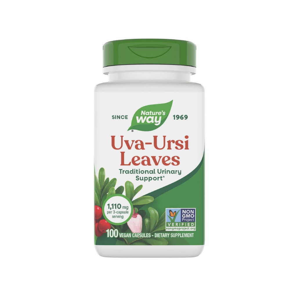 Nature's Way Uva Ursi Leaves, soutien urinaire traditionnel*, 1 110 mg par portion de 3 capsules, projet non-OGM vérifié, supplément alimentaire à base de plantes, sans gluten, 100 capsules végétales (paquetage May Vary)