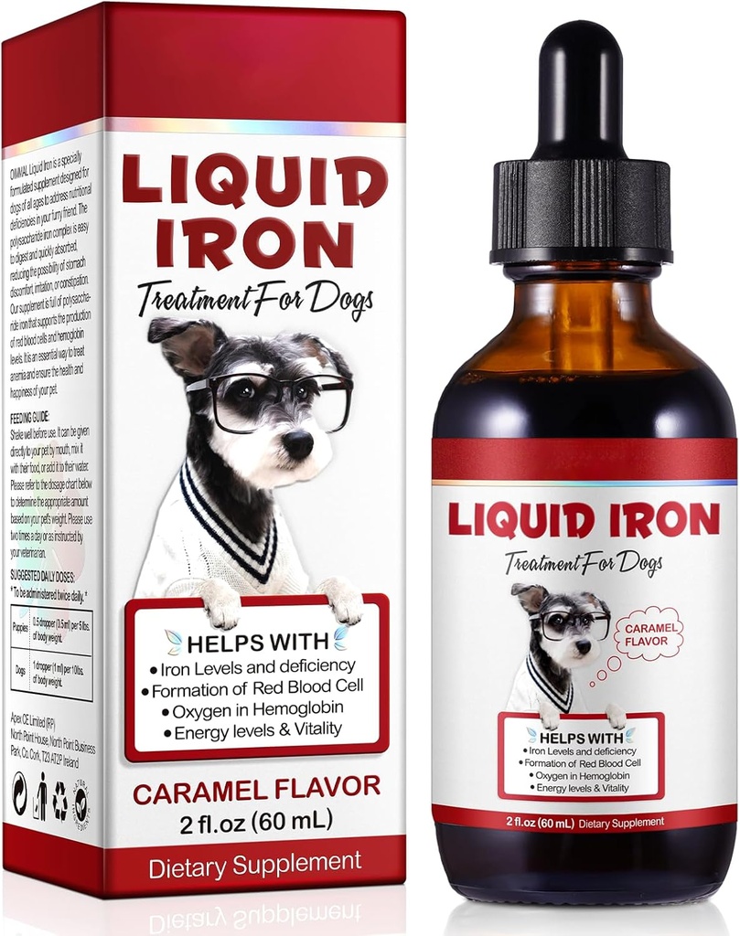 Liquid Iron Drops voor honden, vloeibaar ijzer Supplementen voor honden Ondersteunt bloedarmoede, bevordert de gezondheid van het bloed, verbeteren lage enery niveaus en lethargy - huisdier Supplies hond vitamines - 60 ml / caramel smaak