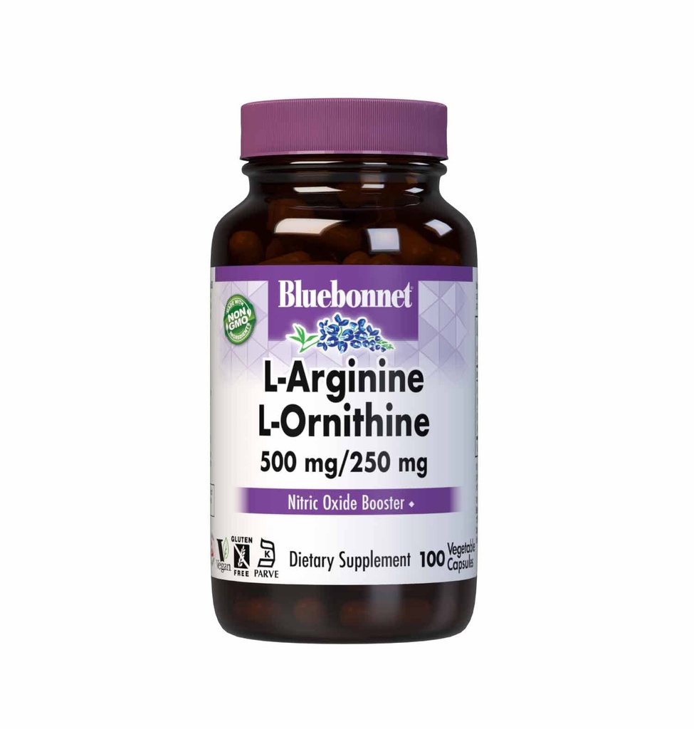 Bluebonnet Nutrition L-Arginine 500mg/L-Orinithine 250mg, Ondersteunt Proteïne Metabolisme*, Sojavrij, Glutenvrij, Non-GMO, Kosher Gecertificeerd, Veganistisch, 100 plantaardige capsules
