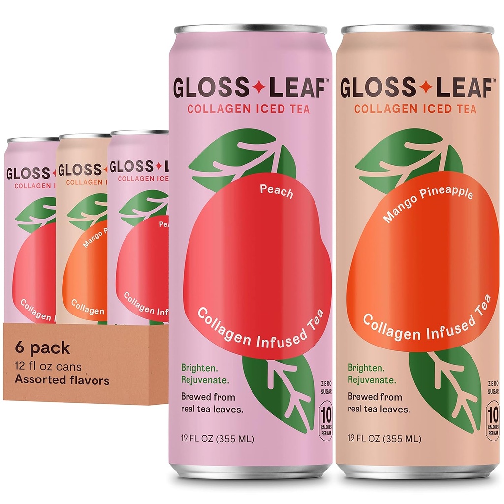 Thé glacé de collagène (Zero-Sugar, Assortiment): Thé noir brassé avec collagène Peptides Protéines et vitamine C, Beauté et Anti-Age, 12 Fl Oz, 6 Pack