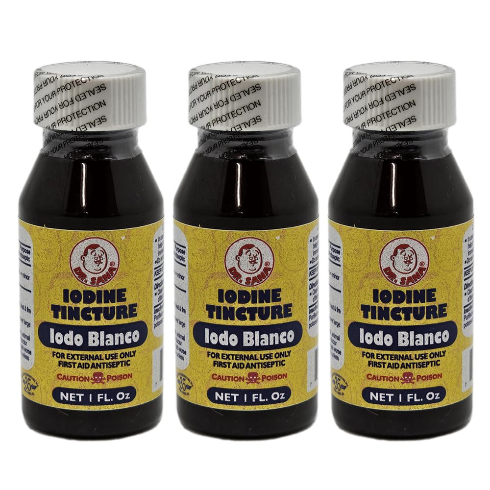 Teinture d'iode décolorée. Antiseptique des premiers soins pour les petites écailles, coupures, ecchymoses et brûlures. 1 fl.oz. Boîte de 3