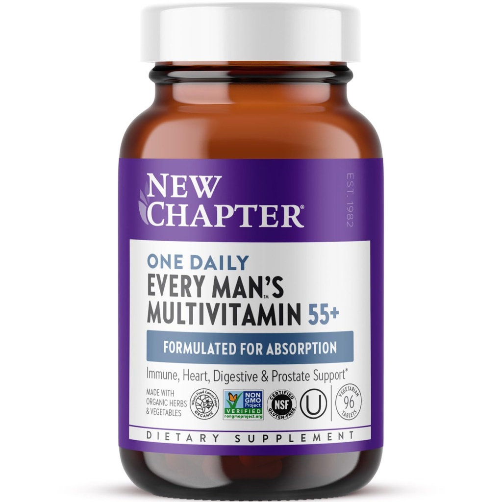 New Chapter One Daily Every Man's Multivitamin 55+ - Offers Eyesight, Immune System & Cellular Energy Support* - Contains Astaxanthin, Saw Palmetto & More - Gluten Free & Vegetarian - 96 Tablets