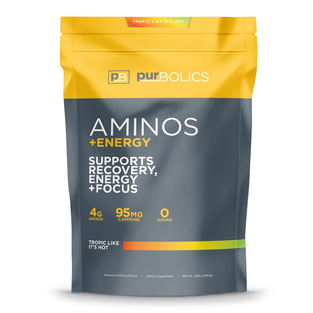 Purbolics Aminos + Énergie , prend en charge la récupération, l'énergie et le focus , 95mg de caféine, 0 sucre et 60 portions (Tropic Like It's Hot)