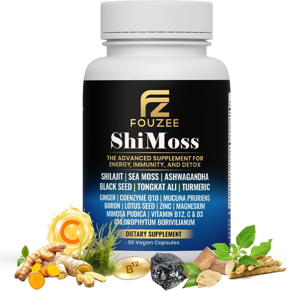 ShiMoss Supplement w/Shilajit 1000mg, Sea Moss 7000mg, Ashwagandha 9000mg, Tongkat Ali 90000 mg, Vitamine C, B12, Boron, Kurkuma, Gember - Immunity Dietary Capsule for Men & Women - 90 Count