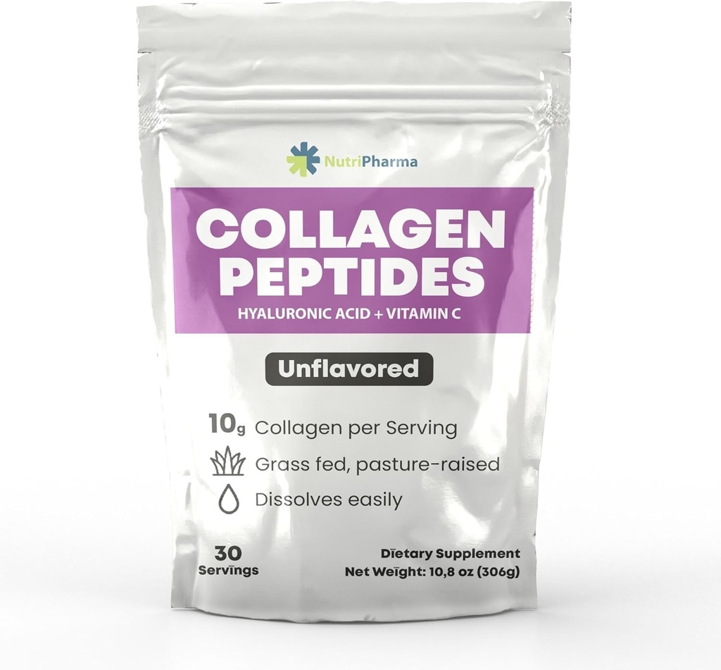 Collageen Peptiden Poeder met Hyaluronzuur en vitamine C, bevordert haar, nagel, huid, bot en Joint Health, Unflavored Collageen Proteïne Poeder, 30 porties, 10,8 oz