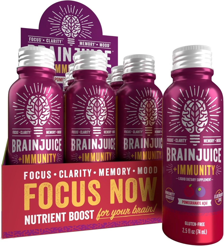 BrainJuice Brain en Immune Support Shot, Glutenvrije Supplement Shots voor energie, focus, immuniteit met vitamine D, C B, Alpha GPC & Biologische Gemberwortel, Granaatappel Acai, 2,5 fl oz, 12 Pack