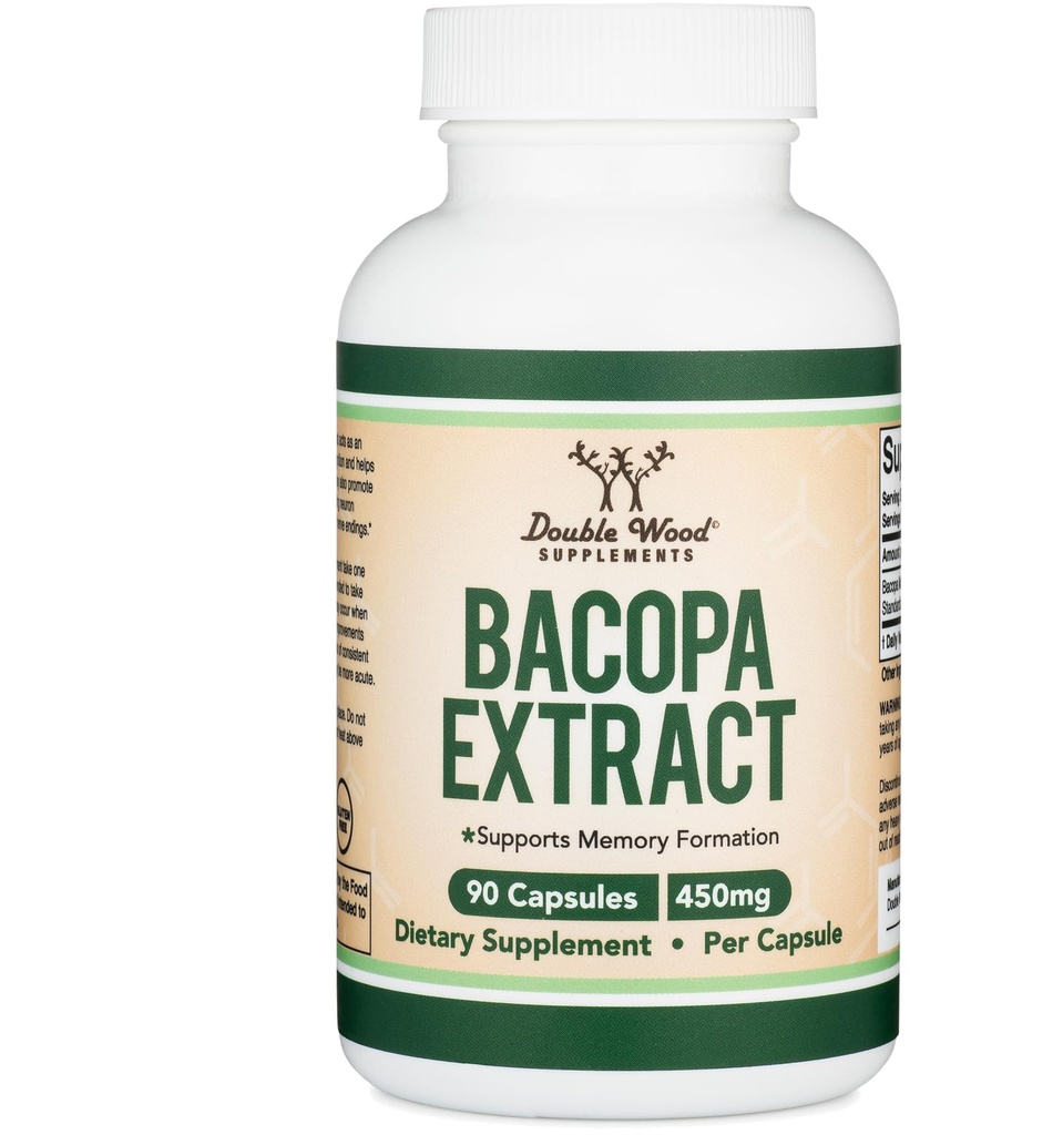 Bacopa Monnieri Capsules 20% Bacosides 450mg, 90 Compte (non-OGM, sans gluten) Extrait Brahmi (complément mémoire pour la santé du cerveau, la concentration et la fonction cognitive) par Double Wood