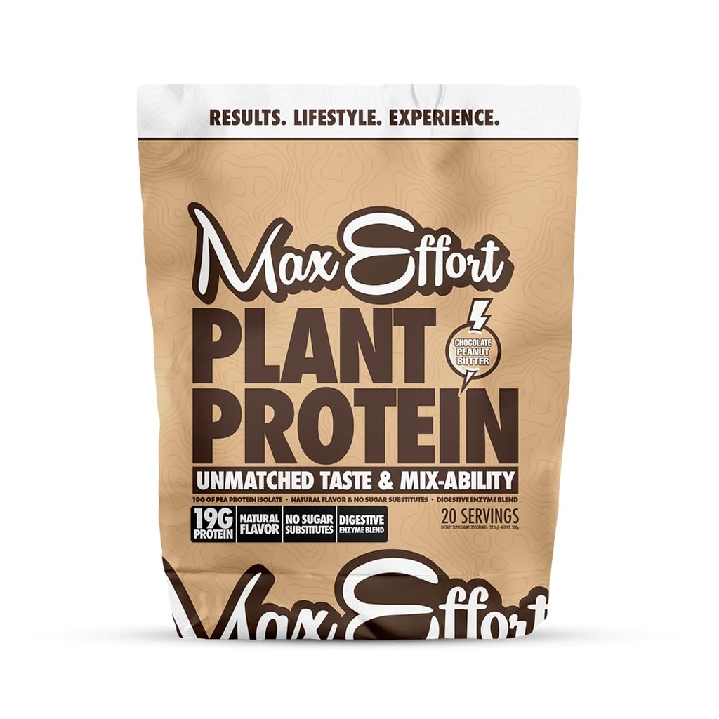 MAX EFFORT Plant Proteïnepoeder, 19 G Pea Proteïne, plantaardige basis, Glutenvrij, Lage Carb, Proteïne Shake of Smoothie Mix, Maaltijd Vervanging, Geen Wei, Geen Suiker Substituten, Chocolade Pinda Boter, 20 Srvg