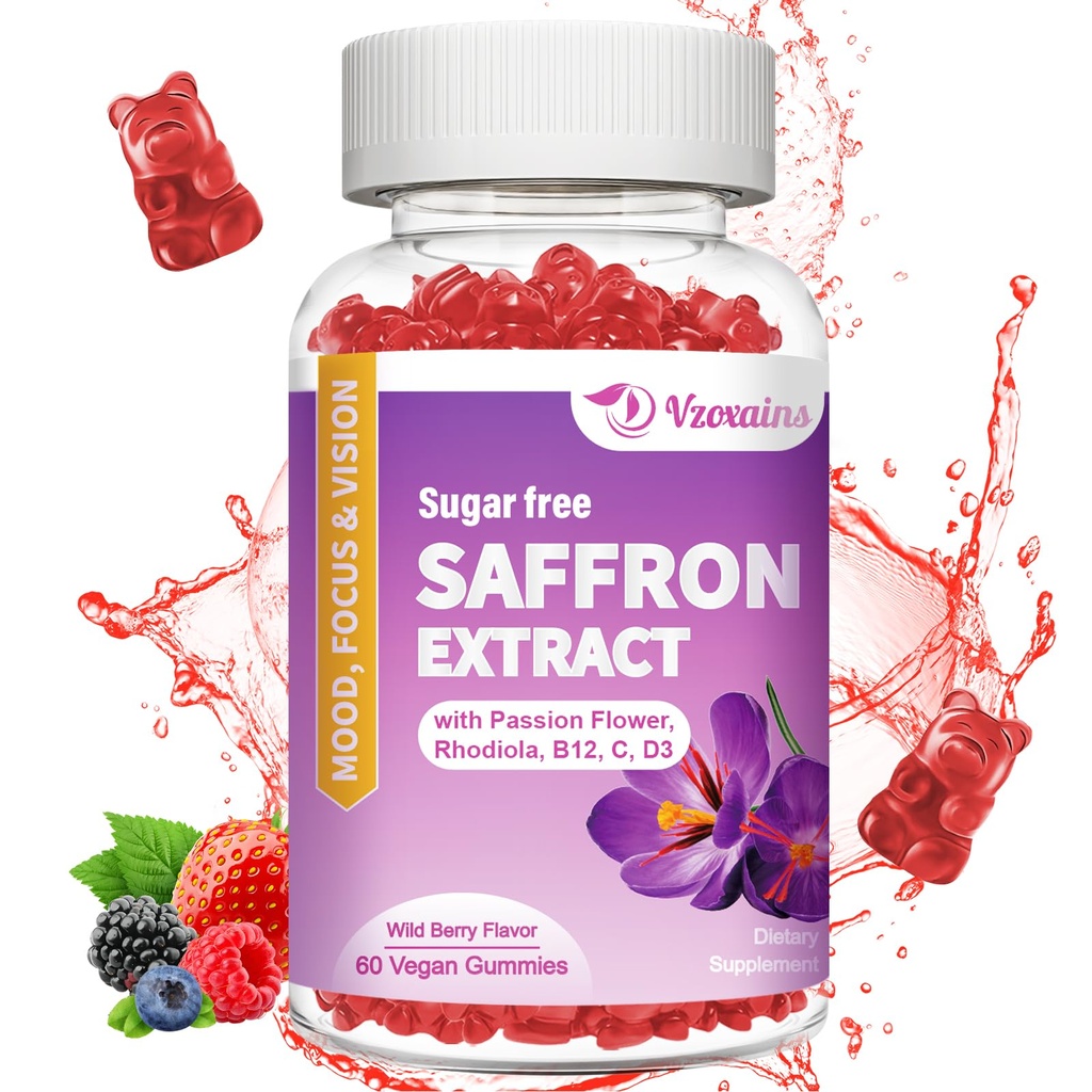 Gommies de safran, 10 en 1 Suppléments de safran Gommies avec Magnésium, Ashwagandha & Rhodiola Rosea, sans sucre végétalien mélange de saveur de baie - 60Cts