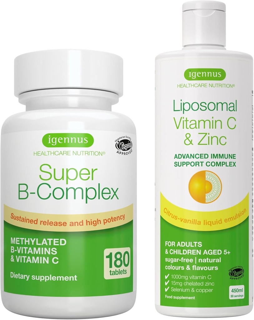 Super B-complex + liposomale vitamine C 1000mg & Zink Vegan Bundle, gemethyleerd Sustained Release B Complex & High Absorptie Liquid Immune Support Complex, door Igennus