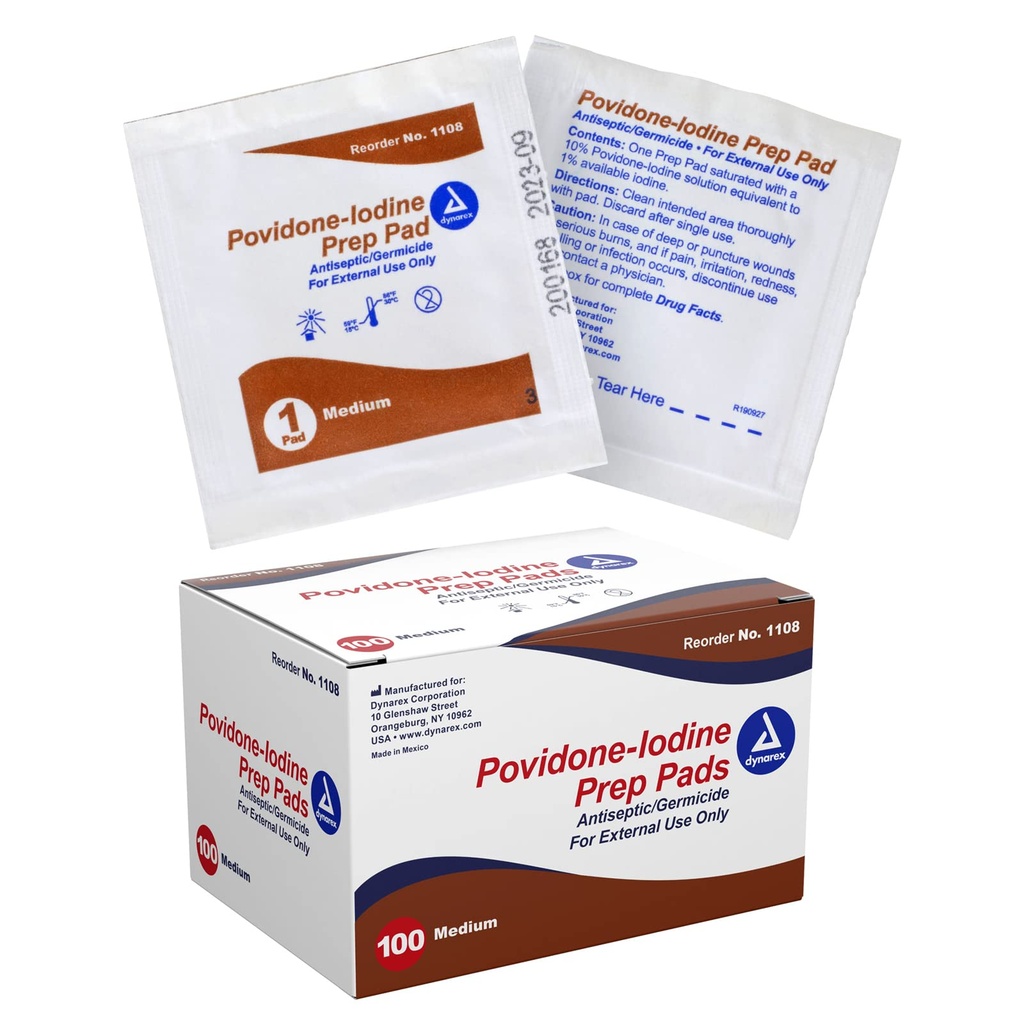 Dynarex Povidone-Iodine Prep Pads, Verzadigd met Povidone Jodium 10%, Medisch-Graad Antiseptische Wipes gebruikt voor het preppen van voorafgaande kleine procedures, Medium, 1 geval van 100 Prep Pads