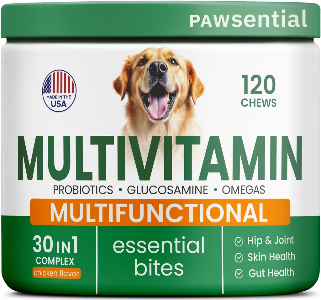 Vitamines de chien + Glucosamine - Multivitamines à croquer + Probiotiques, Omega - Soutien de la hanche et des articulations, de la peau et du manteau, de la santé des adultes et des aînés - Grandes et petites races - 120 Chews