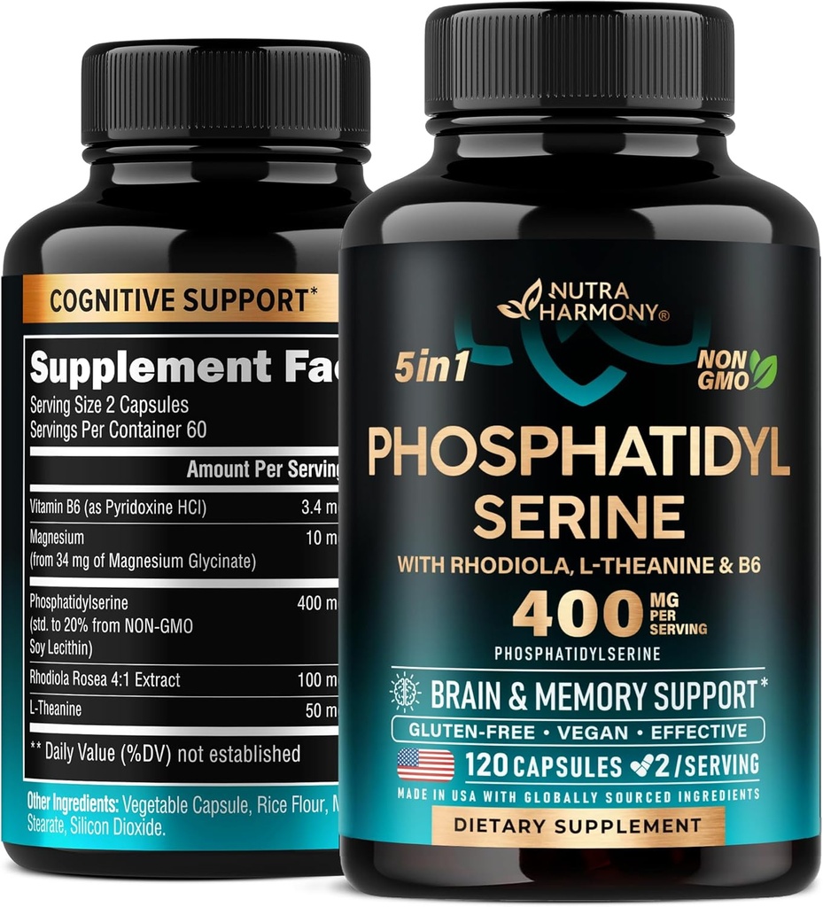 Fosfatidylserine 400 mg met L-Theanine, Magnesium & Vitamin B6, Rhodiola Rosea - Hersenen, Geheugen & Focus Ondersteuning - Gecertificeerde niet-GMO, natuurlijk afgeleid en biologisch beschikbaar - Made in USA - 120 Сapsules