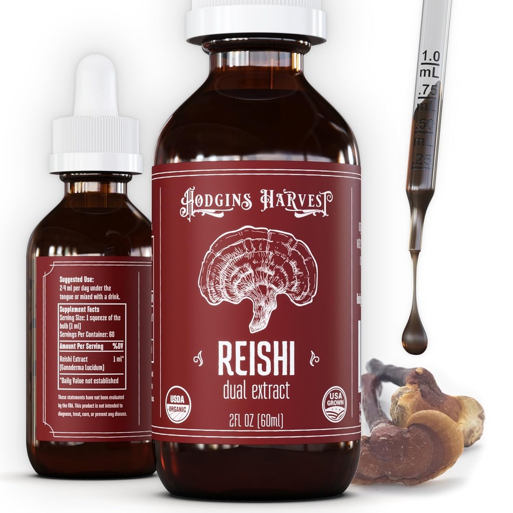 Hodgins Oogst Biologische Reishi Mushroom Fruitlichaam Extract Tinctuur - Extra geconcentreerd Dual Extract Supplement - Ondersteunt Hart Gezondheid en Wellness - USDA Biologische Paddenstoelen - 2 oz