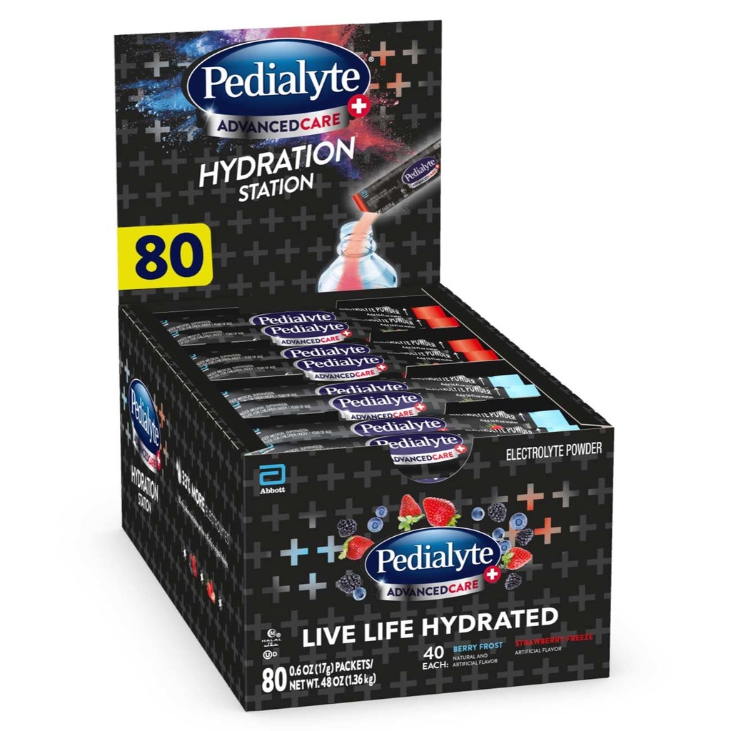 Pedialyte AdvancedCare Plus Electrolyte Powder, heeft 33% meer Elektrolyten en PreActiv Prebiotica, Hydration Station Variety, 80 Powder Packets