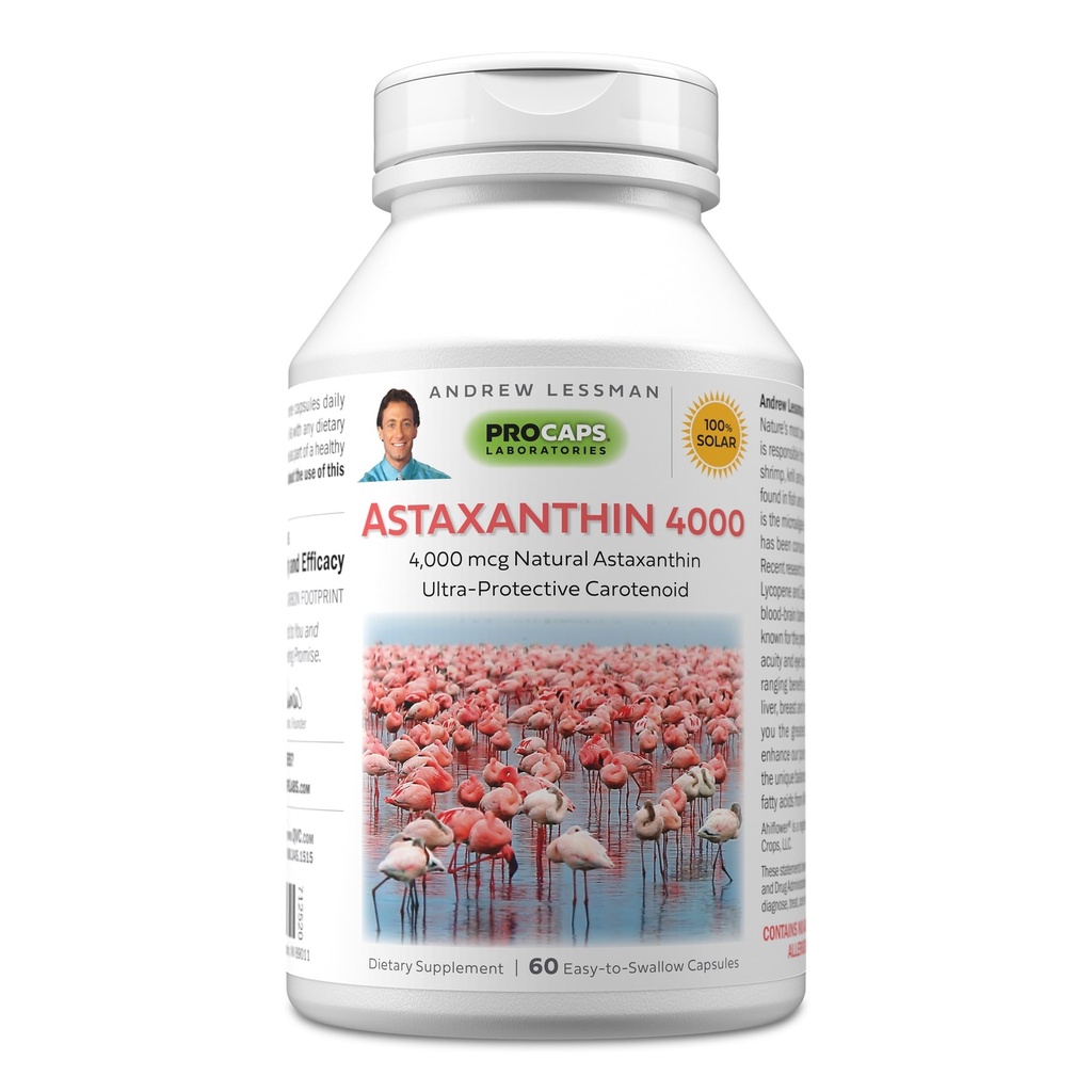 ANDREW LESSMAN Astaxanthine 60 Softgels - 4000 mcg Natural Astaxanthine, Krachtig Anti-Oxidant Carotenoid. Bescherming voor ogen, hart, huid en meer. Geen additieven. Gemakkelijk te slikken Softgels