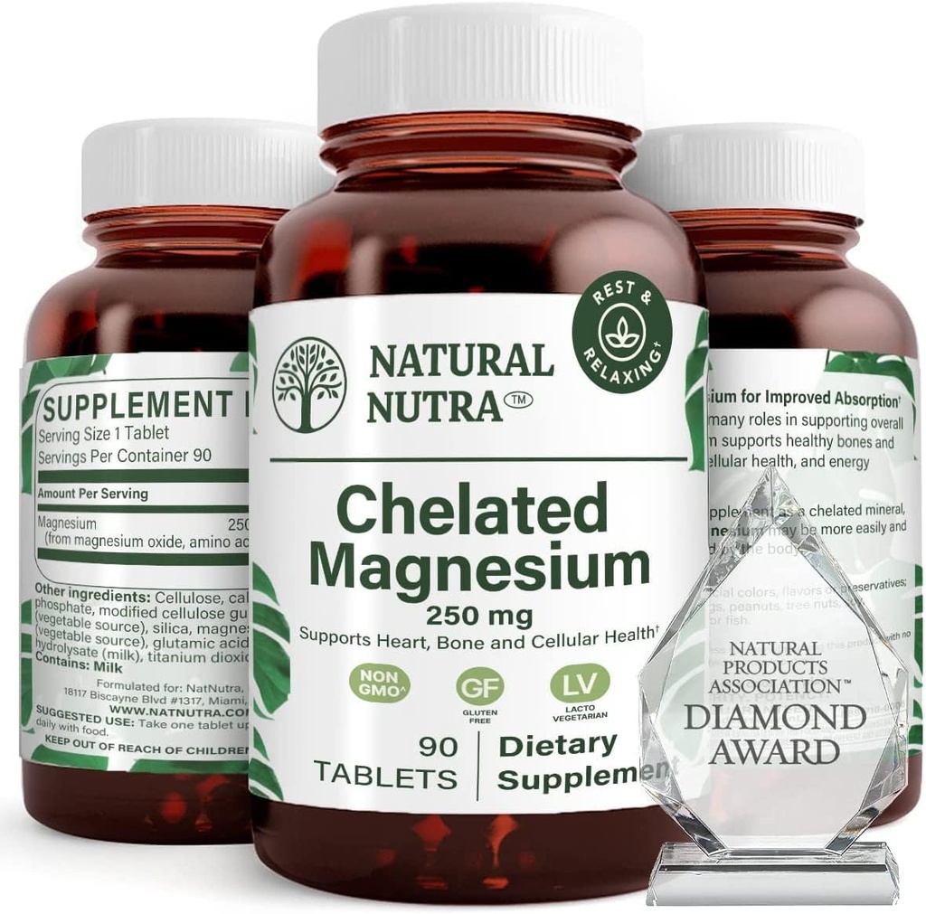 Natural Nutra chelated Magnesium Oxide 250 mg - Hoge absorptie voor sterke botten, hartgezondheid, energieboost, Glutenvrije, niet-GMO, 90 tabletten (3 verpakkingen) in BPA-vrije recyclebare glazen flessen