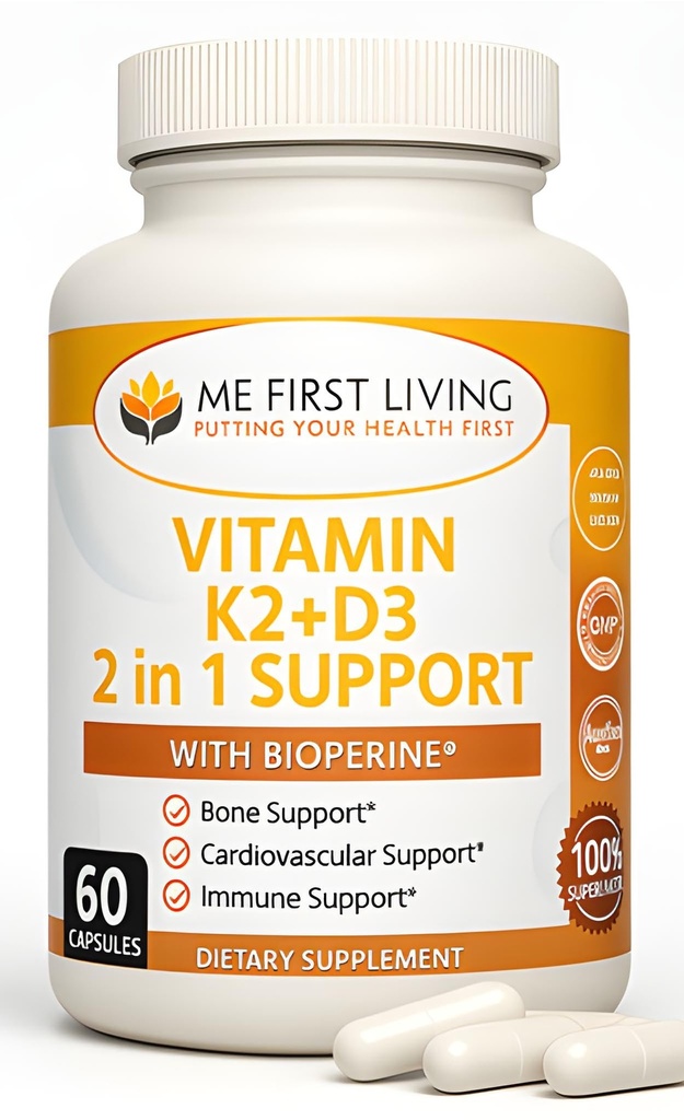 Me Premier Vitamine D3 K2 Supplément Bone and Heart Health Non-GMO Formule 125 MCG Vitamine D3 & 100 MCG Vitamine K2 MK-7 Complexe facile à avaler Vitamine D & K avec Calcium