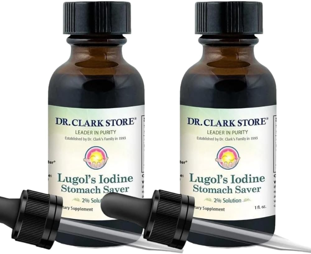 Dr. Clark Lugol’s Iodine 2% Solution - Aqueous and 2% Granular Iodine - Natural Stomach Relief and Healthcare - 1 fl. Oz with a Dropper 2Pack