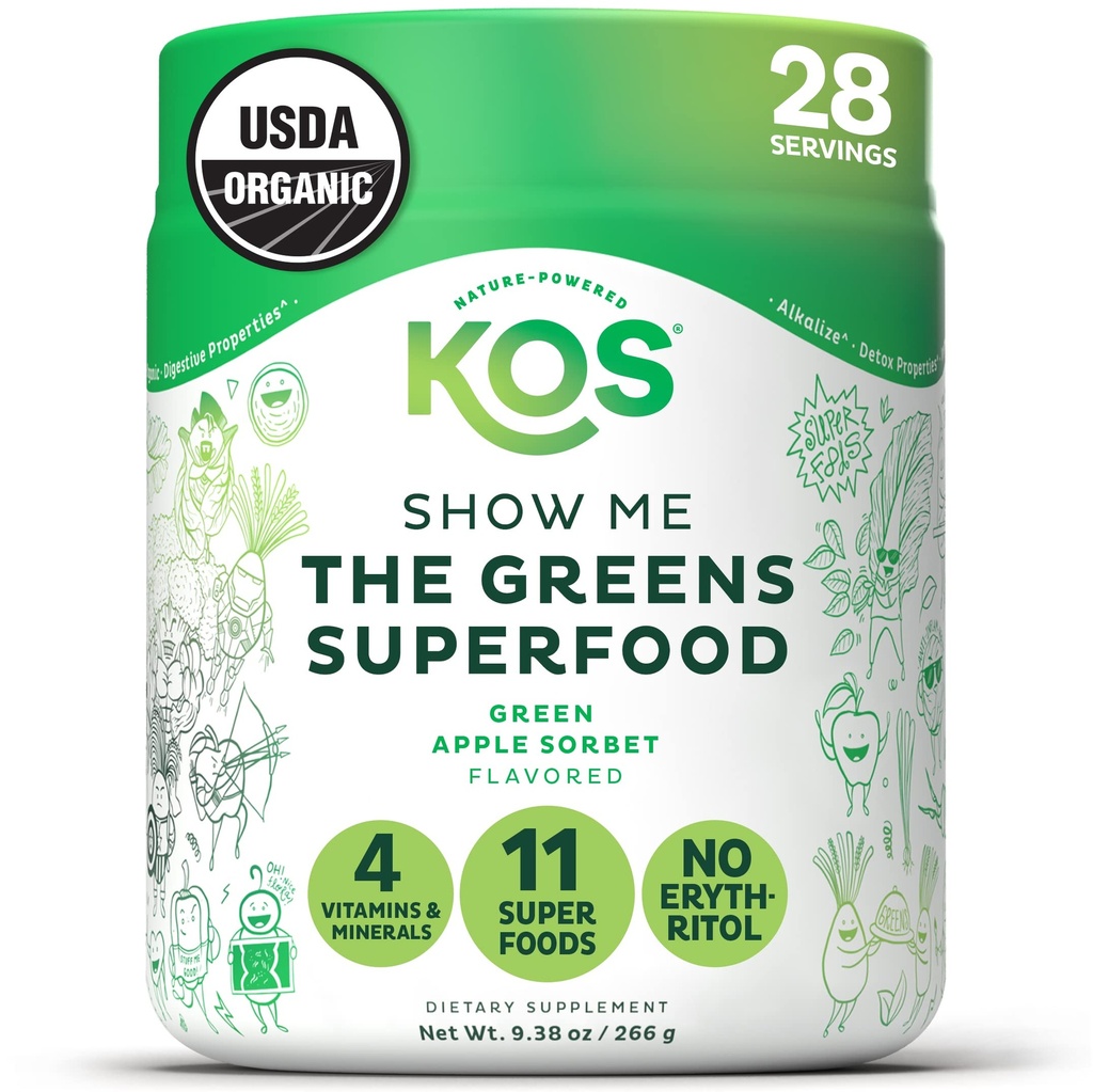 KOS Bio Super Greens Poudre sans érythritol - Mélange de superaliments à base de plantes avec Spiruline, Chlorella et Blégrass - Smoothie de jus biologique et vert certifié USDA - Saveur de pommes - 28 portions
