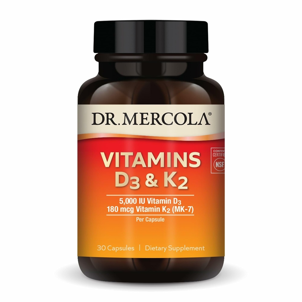 Dr. Mercola Vitaminen D3 & K2 - Ondersteunt Immune, Hersenen, Cardiovasculaire, Ademhalingsstelsel- en Bone Health - GGO-vrij, glutenvrij en sojavrij - 30 capsules (30 porties)