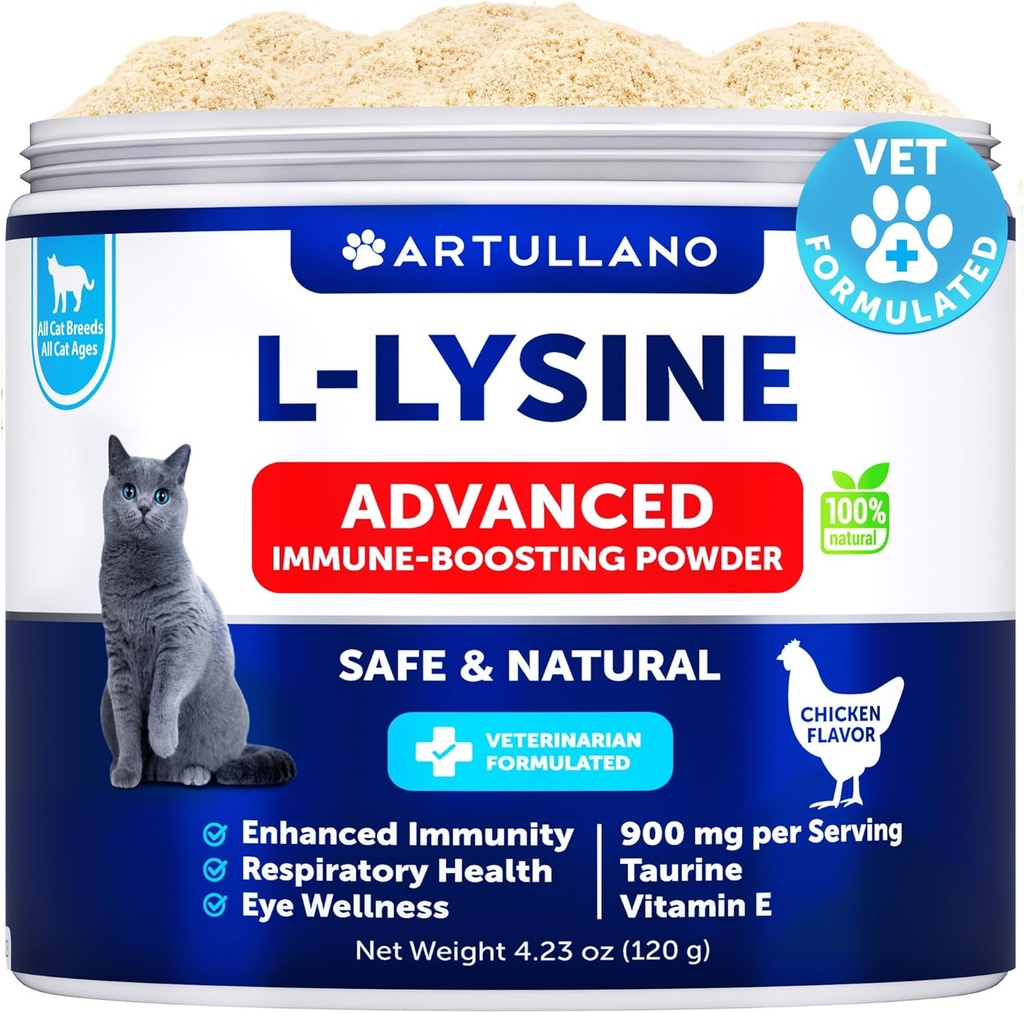 L-Lysine voor katten - Lysine Powder Supplement - 900mg/serving - Immune Support for Cats & Kittens - Sneezing, Runny Nose, Squinting, Watery Eyes, Cold, Eye Function, Respiratory Health - met Taurine
