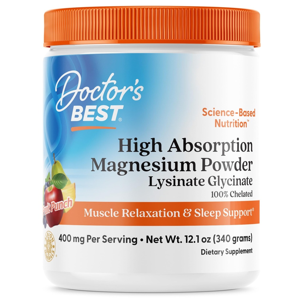 Artsen Best Hoge Absorptie Magnesium Poeder Lysinaat Glycinate 100% Chelated, Muscle Relaxation & Slaap Ondersteuning, Glutenvrij, Veganistisch, 100% Chelated Net Wt. 12.1 oz (340 Gram), Fruit Punch Flavor