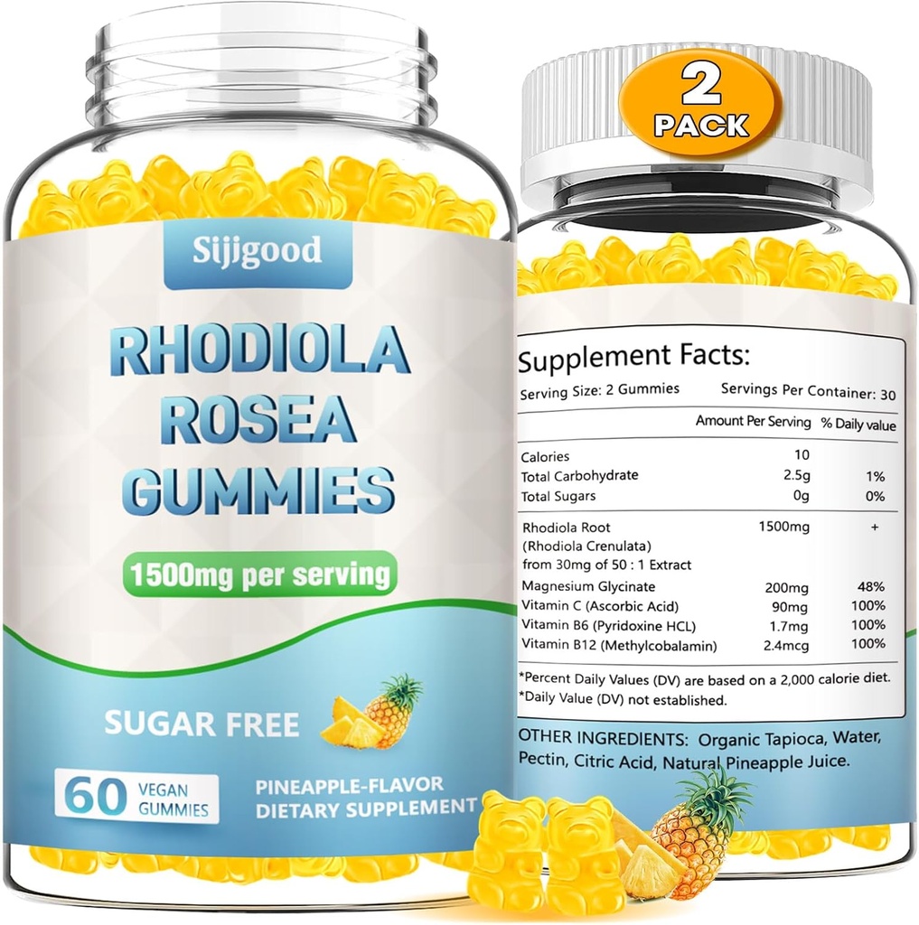 2 Pack Sugar-Free Rhodiola Rosea Gummies, Adaptogene Rhodiola Rosea Supplement & Cortisol Blocker for Enhanced Stamina, Mood Elevation, and Motivation Boost, Non-GMO, Vegan, 120 Count
