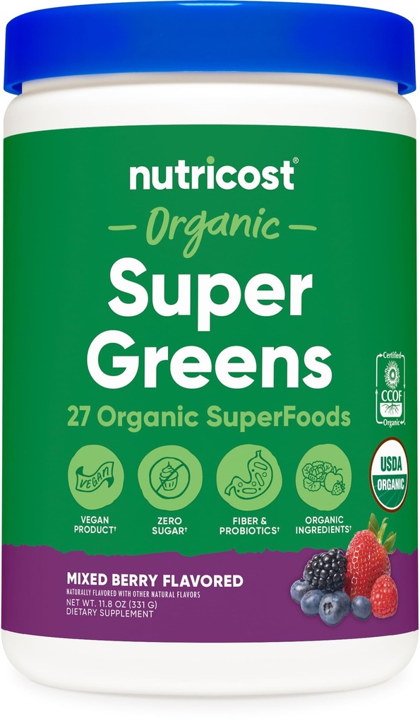 Nutricost Biologische Super Greens Poeder (30 porties) Gemengde Berry smaak - Superfood Supplement Drink Mix