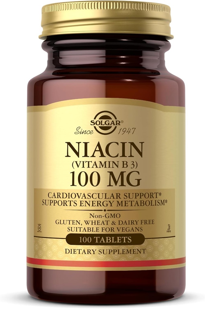 Solgar Niacin (Vitamine B3) 100 mg - 100 tabletten - Ondersteunt het energiemetabolisme - Non-GMO, Veganistisch, Glutenvrij, Dairy Free, Kosher - 100 porties