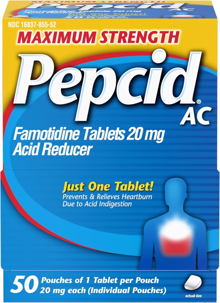 Pepcid AC Maximale sterkte Heartburn Relief Tablets, OTC Medicine Voorkomt & Relieves Heartburn & Acid Reflux Vanwege Acid Indigestie, 20 mg Famotidine Acid Reducer, Snelwerkende, 1 x 50 ct
