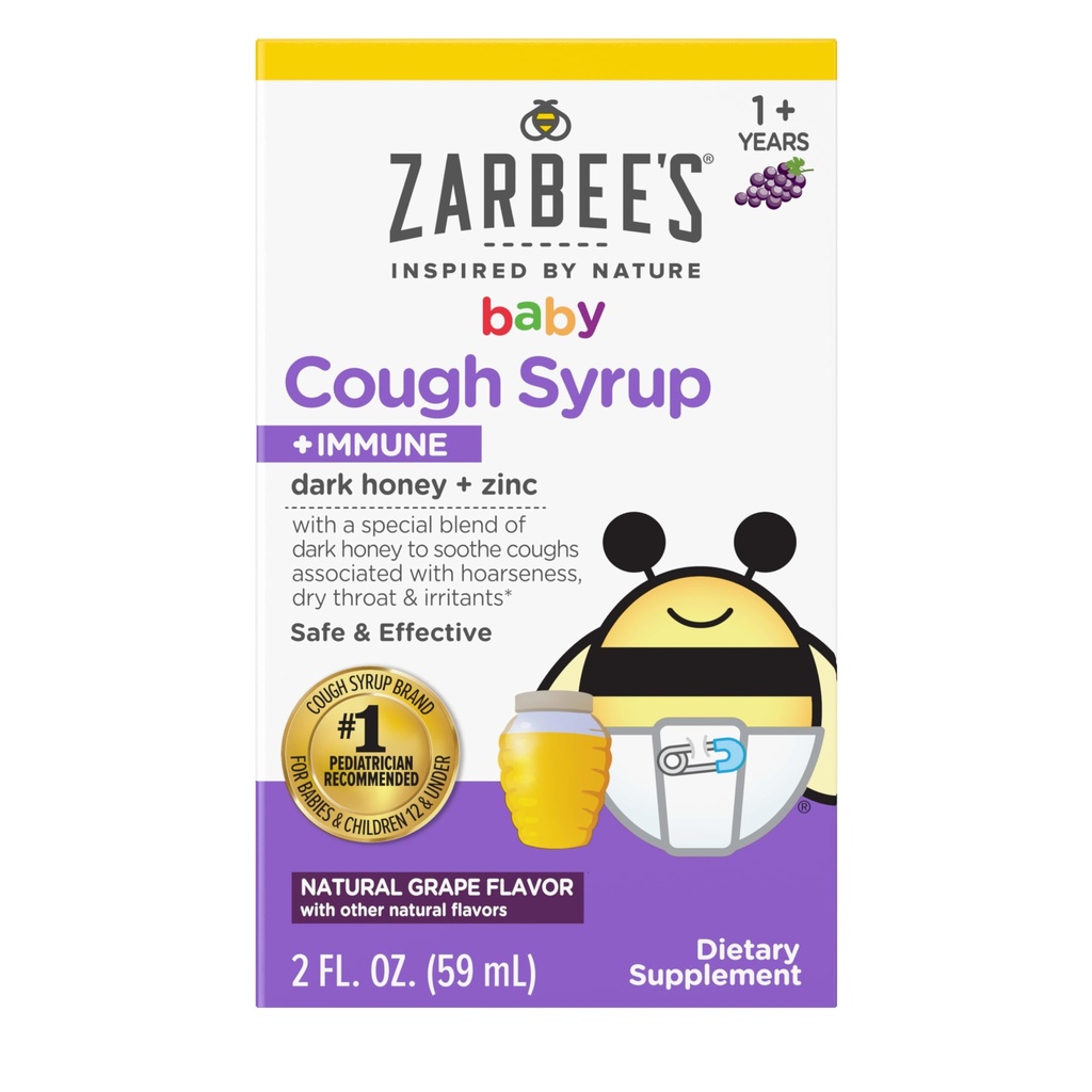 Syrup pour bébé au miel de Zarbee + Immune pour bébés de 12 à 24 mois, sirop de toux sécuritaire et efficace avec miel noir apaisant et zinc pour le soutien immunitaire*, sans drogue et sans alcool, raisin, 2 fl. Oz