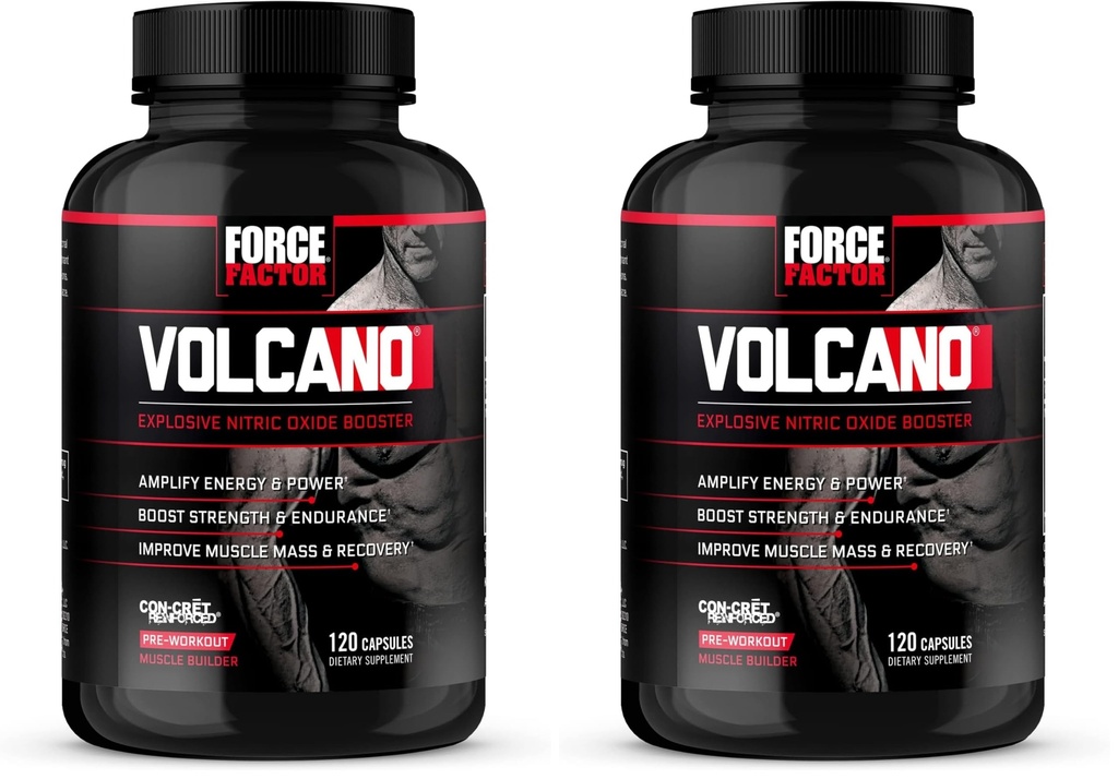 Force Factor vulkaan pre workout Nitric Oxide Booster supplement voor mannen met Creatine en L-Citrulline om Boost en Energie, Help Build Muscle, Better Pump and Workout, 120 Capsules (pakket van 2)