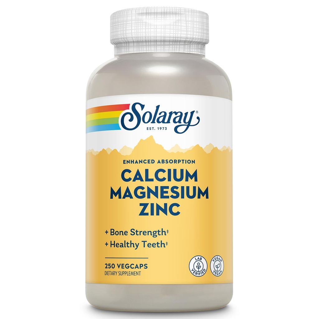 SOLARAY Calcium Magnesium Zink Supplement - met Calcium 1000mg, Magnesium 500mg - Bot Gezondheid, Spierfunctie, Hart Gezondheid en Immuun Ondersteuning - Vegan, 60 dagen garantie, 62 porties, 250 VegCaps