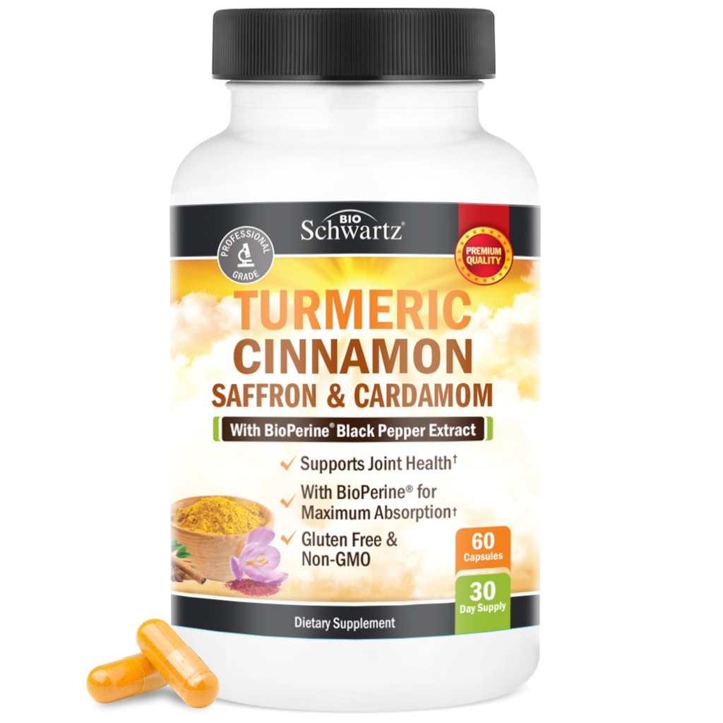 Kurkuma supplement met Saffron, Kaneel en Cardamom Plus BioPerine Black Pepper Extract voor optimale Absorptie, Natuurlijke Tumerische Curcuma Gezamenlijke Ondersteuning Supplement voor Vrouwen en Mannen, 60 Capsules