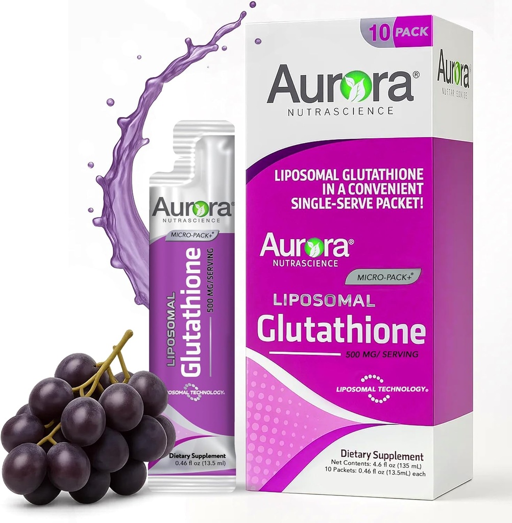 Aurora Nutrascience Micro-Liposomal Liquid Glutathion, Immune & Antioxidant Gut Health Support Supplement, 500 mg per Serving, Glutenvrij, Niet-GGO, Suikervrij, 10 Single-Serve Packets