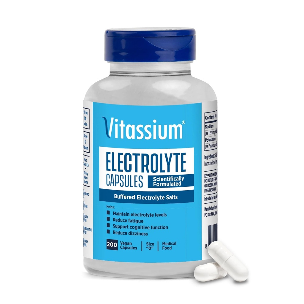 Vitassium Electrolyte Capsules, Elektrolyten voor het beheer van POTS en hoge natriumdieten (500 mg natrium - 100 mg kalium), Unflavored, 200 zoutpillen (maat 0)