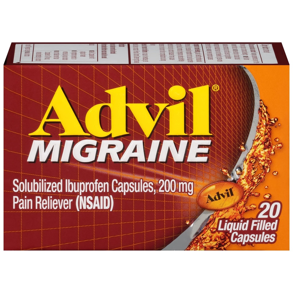 Advil Mal de tête migraine, Ibuprofène Capsules avec Ibuprofène 200mg pour le soulagement de la migraine, le soulagement de la nausée et le soulagement de la légère sensibilité - 20 Capsules remplies de liquide