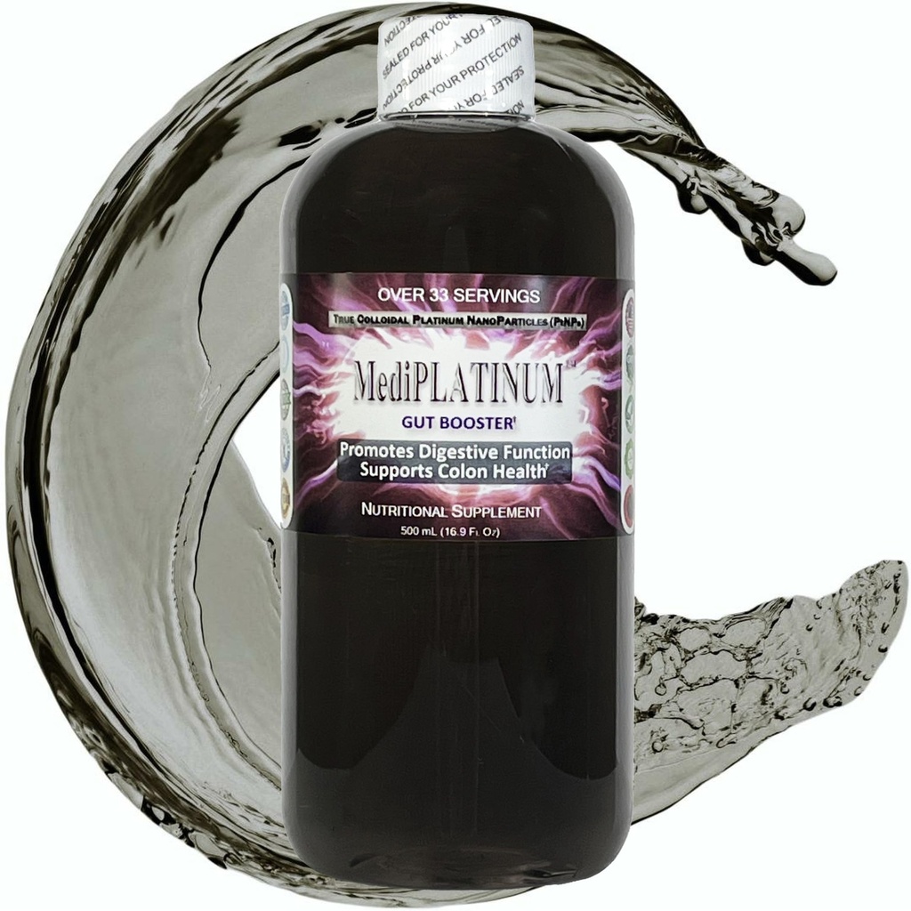 MediPLATINUM Gut Booster True Colloïdaal Platinum PtNP Voedingssupplement - 500 ml (16,9 Fl Oz) in heldere BPA-vrije plastic fles