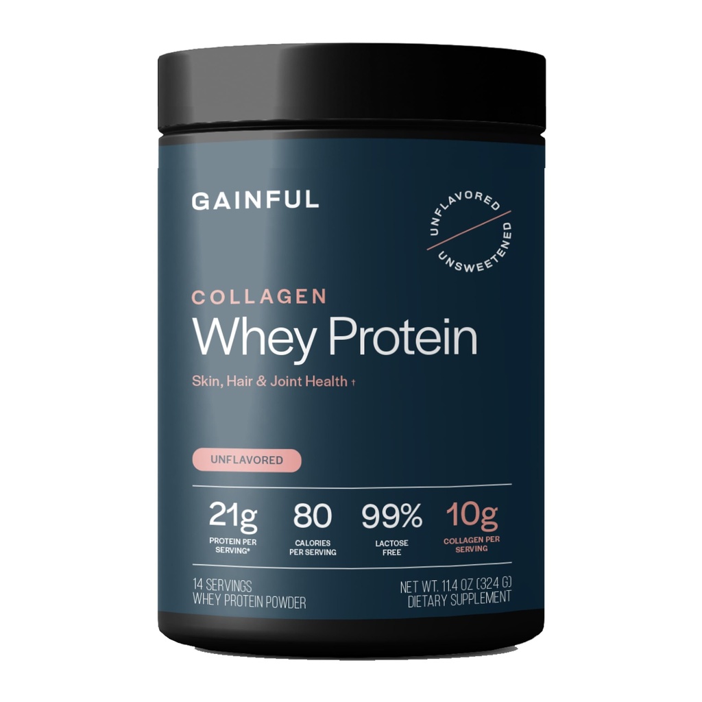 Gainful Collageen Whey Protein Powder, 21g Proteïne per Serving, Unflavored, Ondersteunt Muscle Recovery, Joint Health, and Skin Hydration with Grass-Fed Collageen Peptiden, Vitamine C, 14 Servers