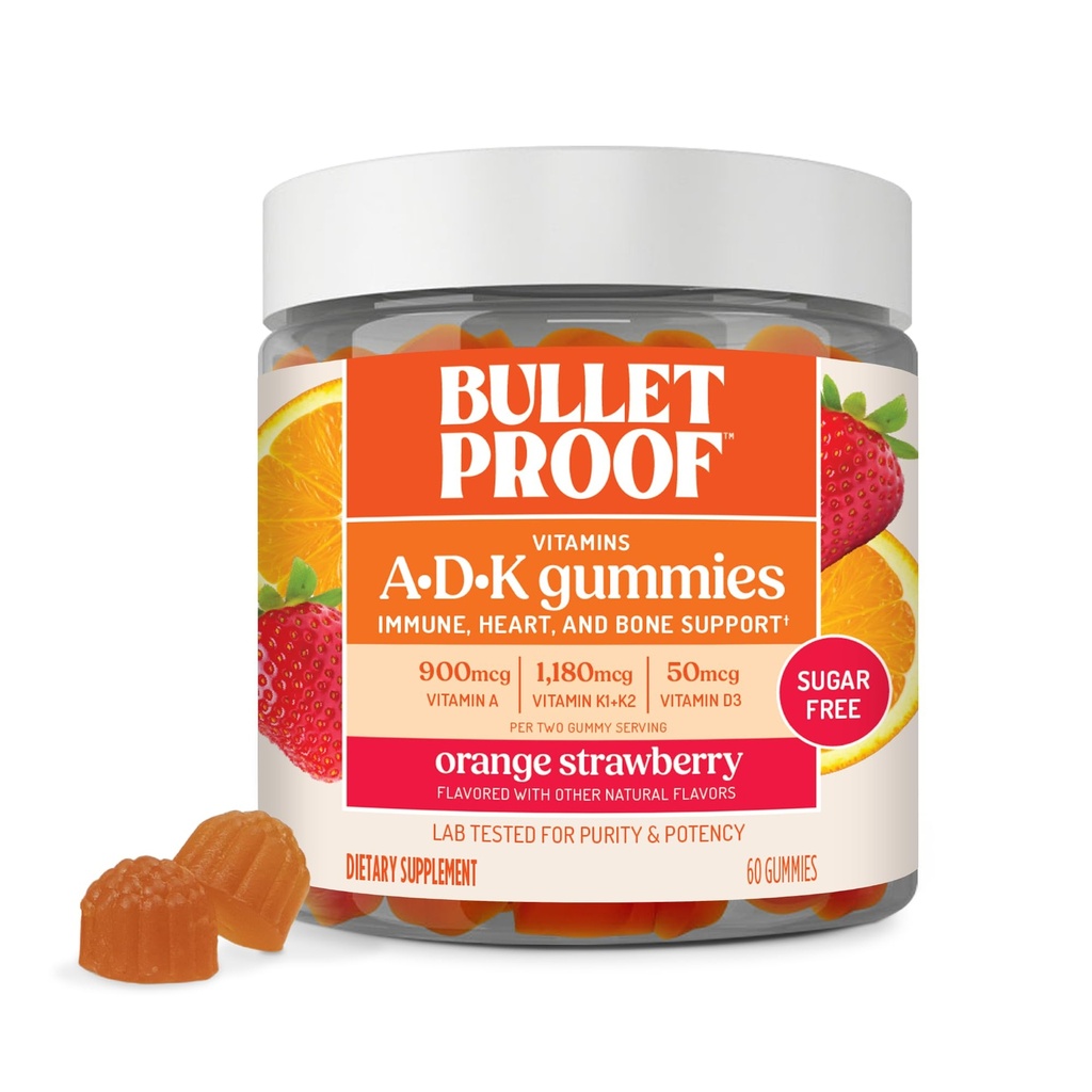 Bulletproof Sugar-Free Orange Aardbei Vitaminen A+D+K Gummies, 60 Tellen, Keto Supplement voor Hart, Bot en Immuun Ondersteuning, Nieuwe en verbeterde Formule en Textuur, Verpakking mei Vary