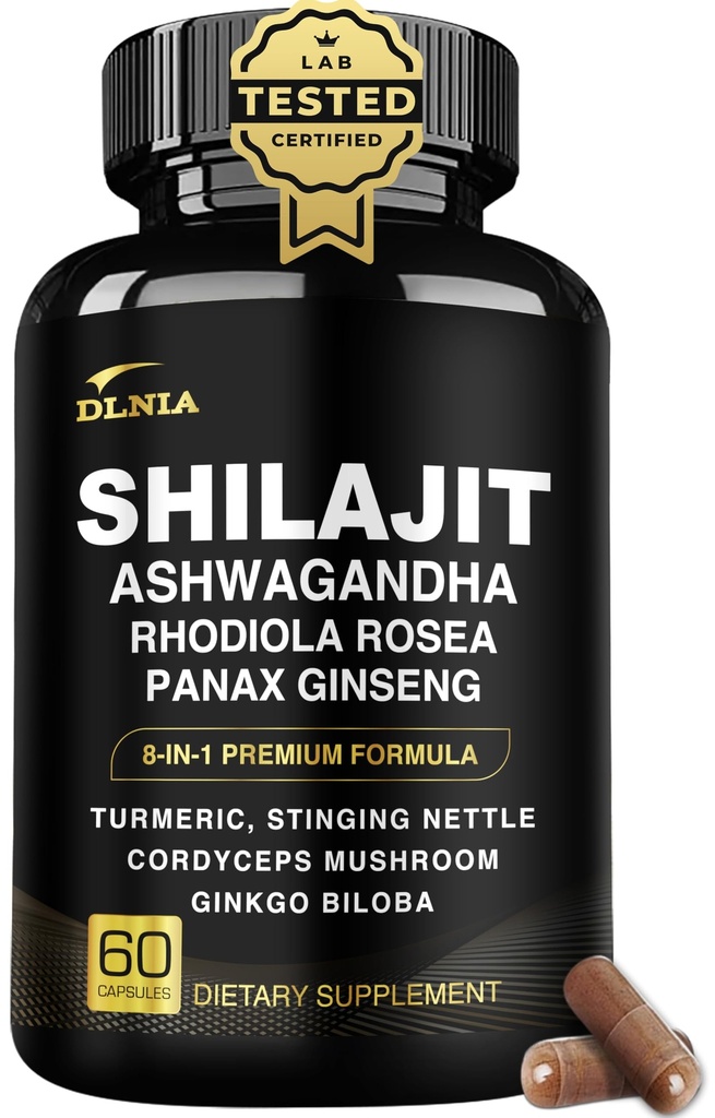 8-in-1 Shilajit voor mannen & vrouwen met Ashwaganda Himalaya Organic Supplement met Rhodiola Rosea, Ginseng, Kurkuma, Mushroom, voor Immune Support, Energie, Kalm, Focus, Helderheid, Slaap, Cortisol